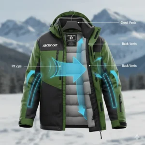 Illustration highlighting the strategically placed core, back, and armpit vents for airflow and temperature regulation in the Arctic Cat snowmobile jacket.