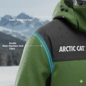 Close-up illustration showing the sealed seams and waterproof material of the shell to keep the Arctic Cat snowmobile jacket dry in deep snow.