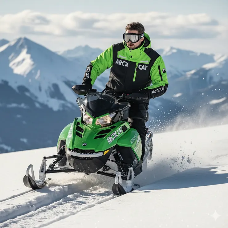 A high-quality photo of a rider wearing a bright green and black Arctic Cat snowmobile jacket while riding an Arctic Cat snowmobile on a snowy mountain trail.