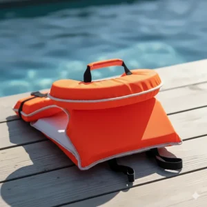 The back of the newborn life jacket showing the reflective piping and bright color for maximum visibility on the water.