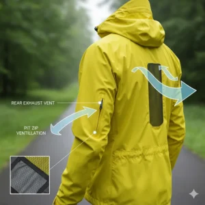 Illustration showing the venting system and mesh lining of the packable cycling rain jacket for optimal breathability during strenuous rides.