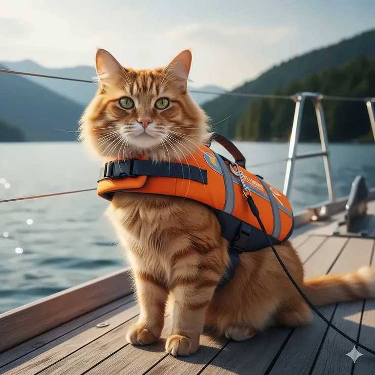 A cute cat wearing a bright, adjustable cat life jacket for safety while swimming or boating.