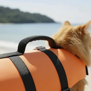 Close-up of the durable rescue handle and D-ring leash attachment on the back of a cat life jacket.