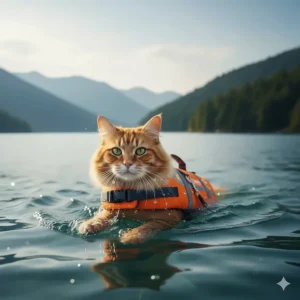 An orange tabby cat safely enjoying a swim in a lake while wearing a high-visibility cat life jacket.