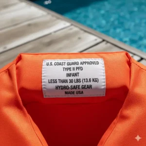A clear image of the official Coast Guard approved label showing the specific weight range (e.g., under 30 lbs) for this newborn life jacket.