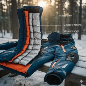 Diagram illustrating the multi-layer construction of the snowmobile jacket, highlighting the thermal insulation and moisture-wicking inner liner.