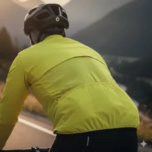 Detail of the ventilation panel on the back of the cycling jacket to ensure breathability and prevent overheating.