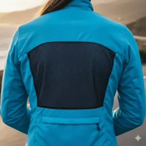 Detail of the mesh ventilation panel on the back of the women's cycling wind jacket for breathability.