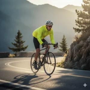 Graphic depicting a cyclist wearing the men's cycling wind jacket in light wind and drizzle, emphasizing water-repellency.