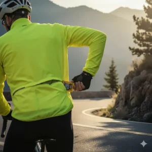Illustration showing a hand accessing the convenient rear stash pockets on the men's wind jacket for cycling essentials.