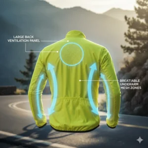 Technical drawing highlighting the key ventilation zones and mesh panels on the back and underarms of the cycling wind jacket.