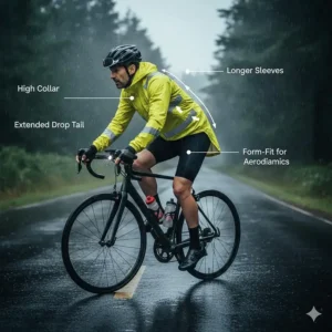 A silhouette showing the cycling-specific fit of the rain jacket, including the essential drop tail for wheel spray protection and longer sleeve length.