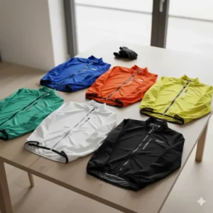 A display of various vibrant color options available for the new lightweight cycling wind jacket collection.