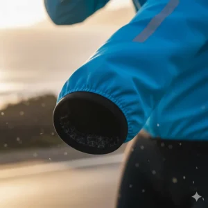 Close-up of the elasticated cuff design on the sleeve of the women's cycling wind jacket to seal out the wind.