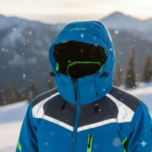 Close-up view of the adjustable hood and collar system on the FXR snowmobile jacket, designed to seal out wind and snow.