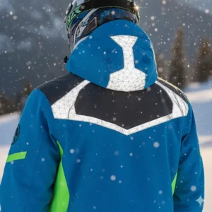 Detail shot of the strategically placed reflective accents on the back and shoulders of the FXR snowmobile jacket for visibility.