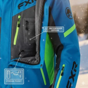 Image showing the configuration and waterproofing of the internal and external storage pockets on the new FXR snowmobile jacket.