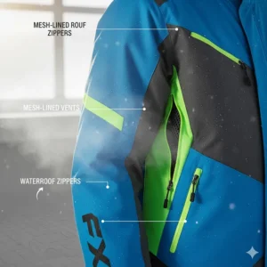 Image highlighting the ventilation zippers and air vents on the sleeves and body of the FXR jacket for temperature regulation.