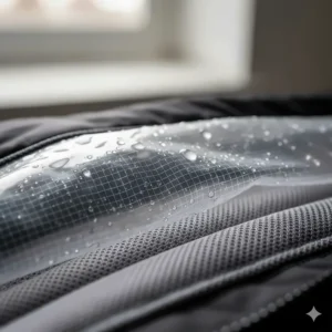 Close-up of the waterproof and breathable membrane technology used in the FXR snowmobile jacket.