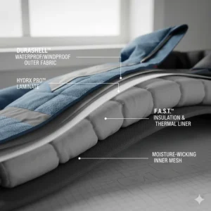 Diagram illustrating the superior insulation technology layers designed to keep the wearer warm in a high-performance FXR snowmobile jacket.