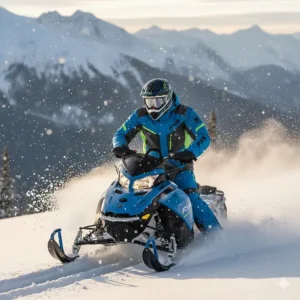 A rider wearing the FXR snowmobile jacket in an aggressive riding position, demonstrating its ergonomic fit and range of motion.