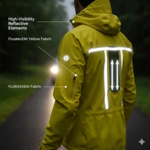 Graphic detailing the strategically placed reflective elements on the packable cycling rain jacket to ensure high visibility for night riding safety.