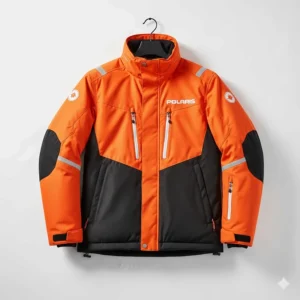 Bright high-visibility orange Polaris snowmobile jacket on a hanger, emphasizing color options for different riding styles.