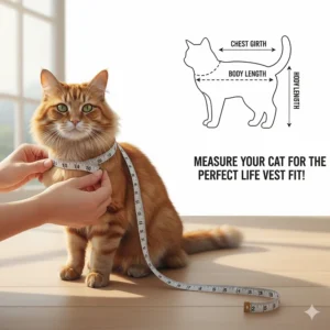A diagram showing how to measure a cat's girth and length to ensure the perfect fit for a cat life vest.
