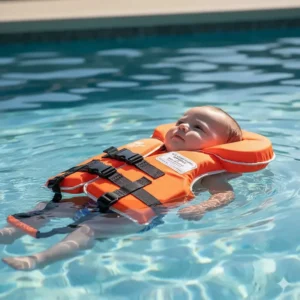 An infant safely floating on their back in a pool, securely wearing a Coast Guard approved Type II PFD for newborn safety.