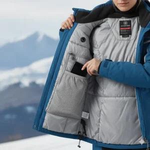 Inner mesh pocket and media port for storing electronics securely in the durable womens snowmobile jacket.