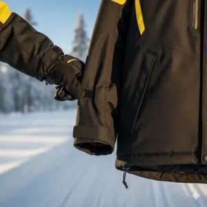 Close-up of the adjustable Velcro wrist cuffs and snow gaiter system on the hem of the Polaris snowmobile jacket.