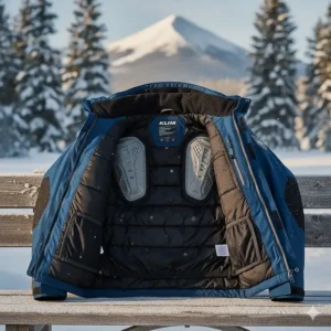 Internal view of the strategic armor padding areas for protection in the KLIM snowmobile jacket.