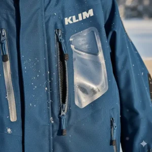 Close-up of the large, zippered ventilation ports on the KLIM snowmobile jacket for temperature regulation.