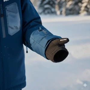 Close look at the integrated wrist gaiter and adjustable cuff on the KLIM snowmobile jacket.