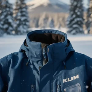 Adjustable collar and removable hood feature of the technical KLIM snowmobile jacket.