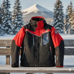 KLIM snowmobile jacket in a black and red colorway, highlighting the reflective material.