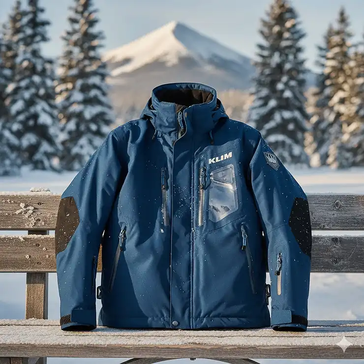 KLIM snowmobile jacket in blue, front view, showcasing Gore-Tex performance for cold weather riding.