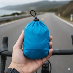 A lightweight women's cycling wind jacket folded compactly into its self-storing pouch, showing its packability.