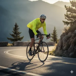 Illustration demonstrating the close-fitting, aerodynamic race fit of the men's cycling wind jacket to minimize wind flap.