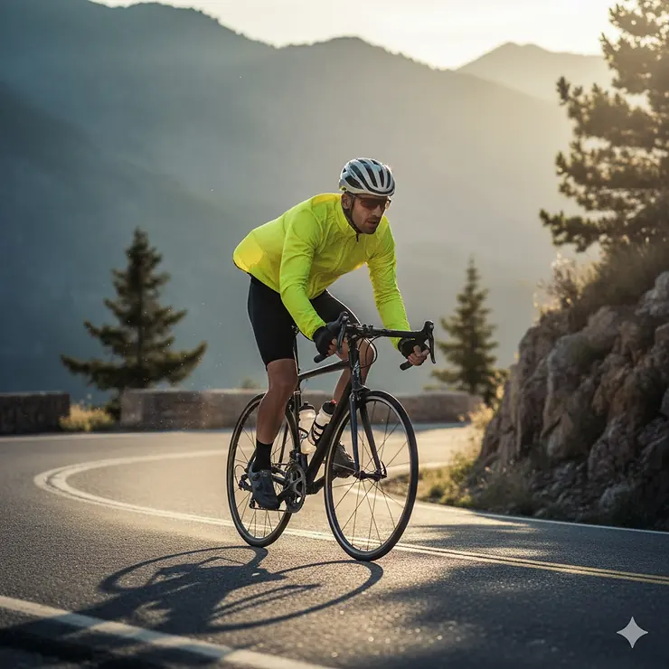 A cyclist wearing a high-visibility yellow men's cycling wind jacket while riding on a winding mountain road.