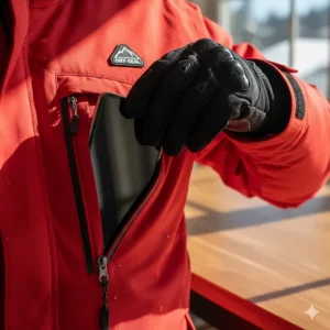 Close-up of the water-resistant chest pocket on a men's snowmobile jacket, perfectly sized for a phone or communication device.