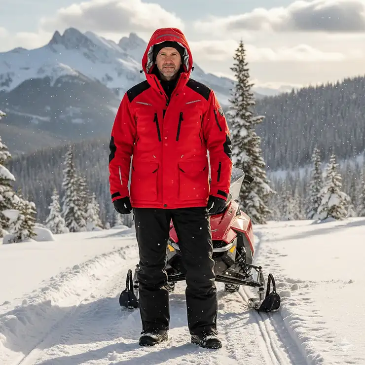 Red men's snowmobile jacket featuring high visibility, weather-resistant fabric, and multiple zippered pockets for secure storage on the trails. mens snowmobile jackets