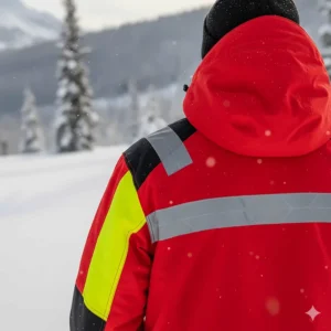 Detail showing reflective safety strips and high-visibility panels on the back of a men's snowmobile jacket.