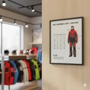 Sizing chart showing measurements and fit recommendations for different sizes of men's snowmobile jackets.