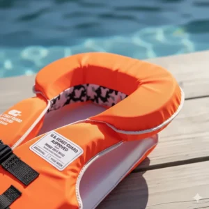 Close-up view of the oversized head support cushion on the back of a newborn life jacket, designed to keep the infant's head above water.