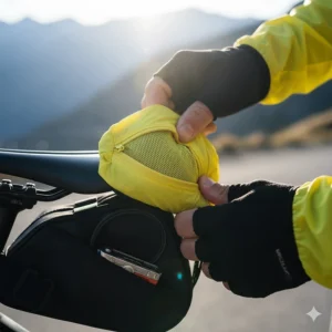 Close-up illustration showing the lightweight men's cycling wind jacket packed down into a small pocket or saddlebag for easy carrying.