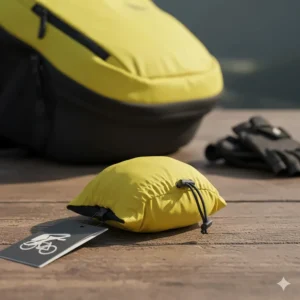 The ultra-light packable cycling wind jacket neatly folded into its small integrated storage pouch.