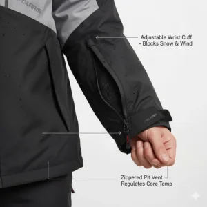 Detailed view of the adjustable wrist cuffs and zippered pit vents on a Polaris snowmobile jacket for temperature regulation.