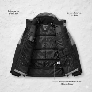 Inside view of the Polaris snowmobile jacket, featuring multiple secure internal pockets and an integrated powder skirt.