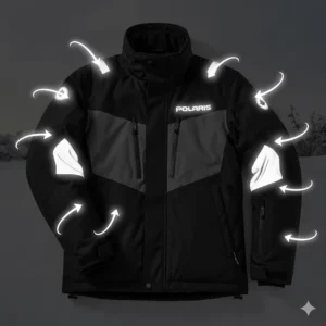 Detailed shot of the high-visibility Polaris snowmobile jacket reflective accents for increased safety in low light conditions.